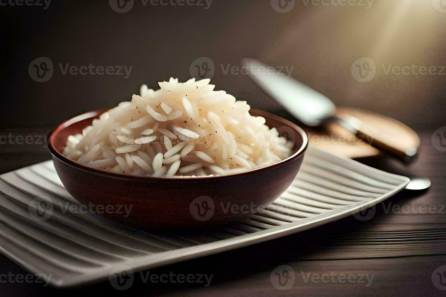 un cuenco de arroz en un plato con un cuchillo. generado por ai foto