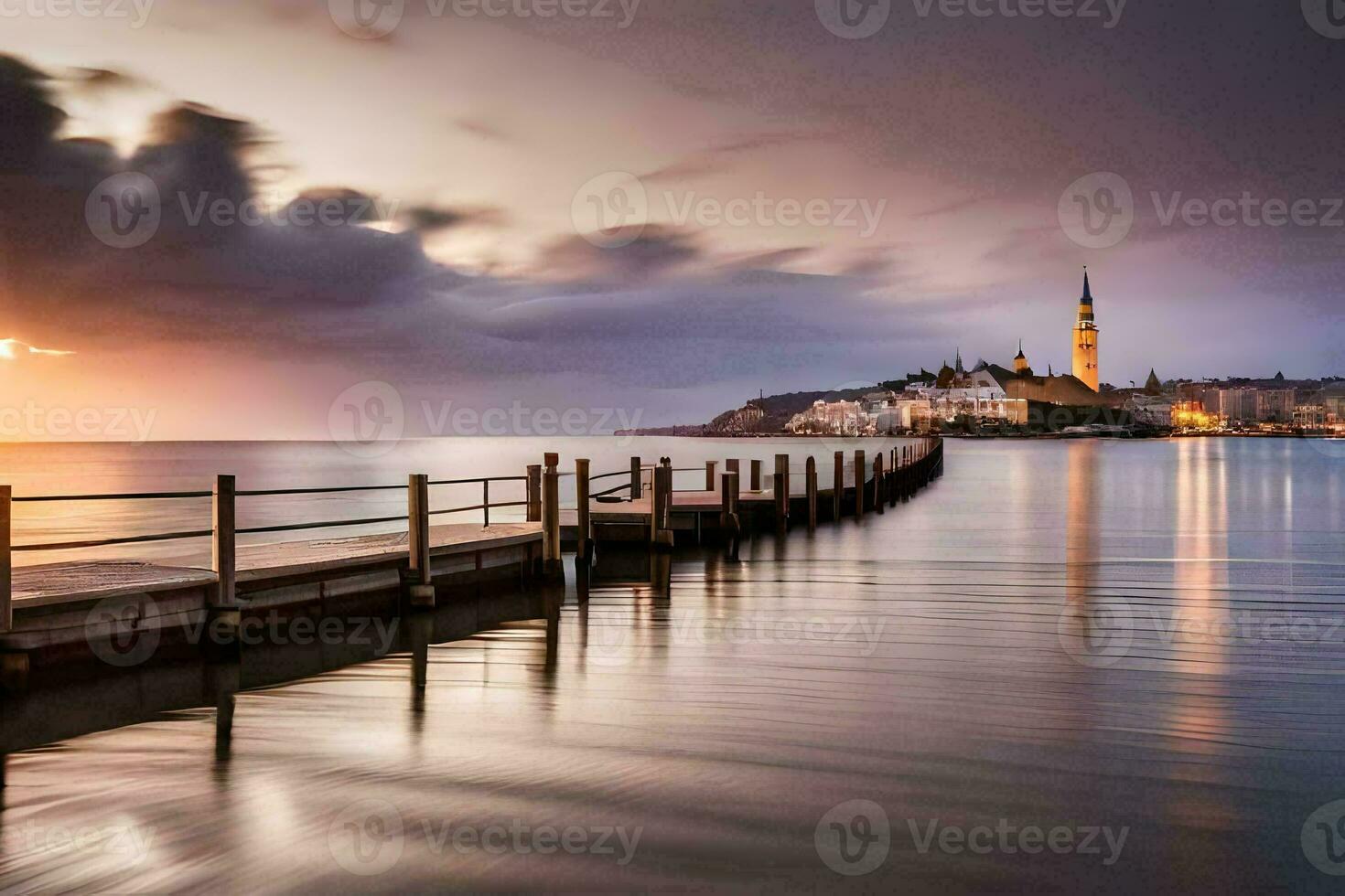 a pier in the water at sunset with a church in the background. AI-Generated photo