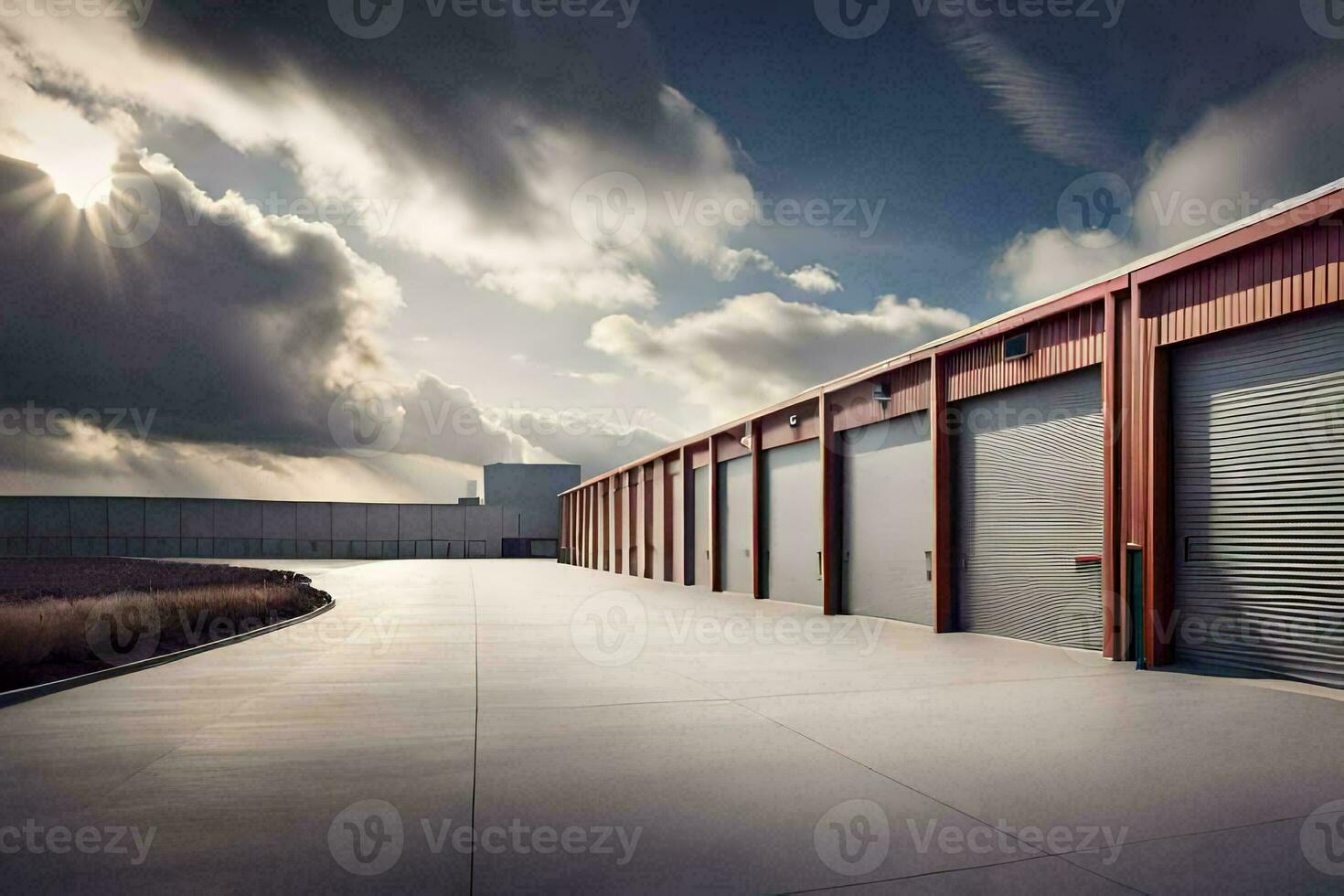 a row of storage units with a sky background. AI-Generated photo