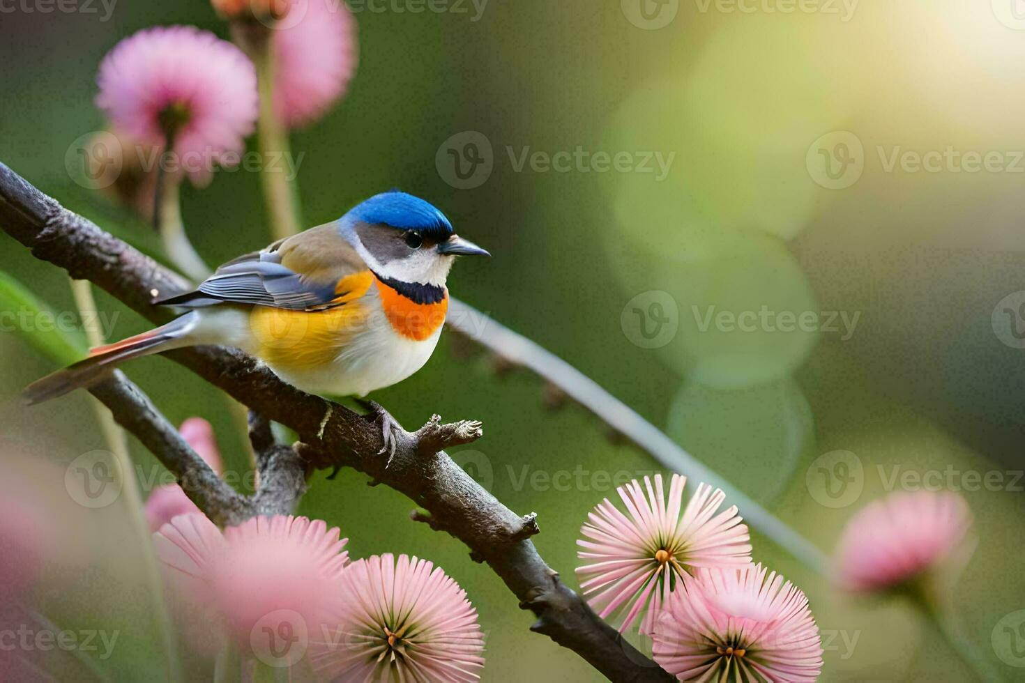 a colorful bird sits on a branch with pink flowers. AI-Generated photo