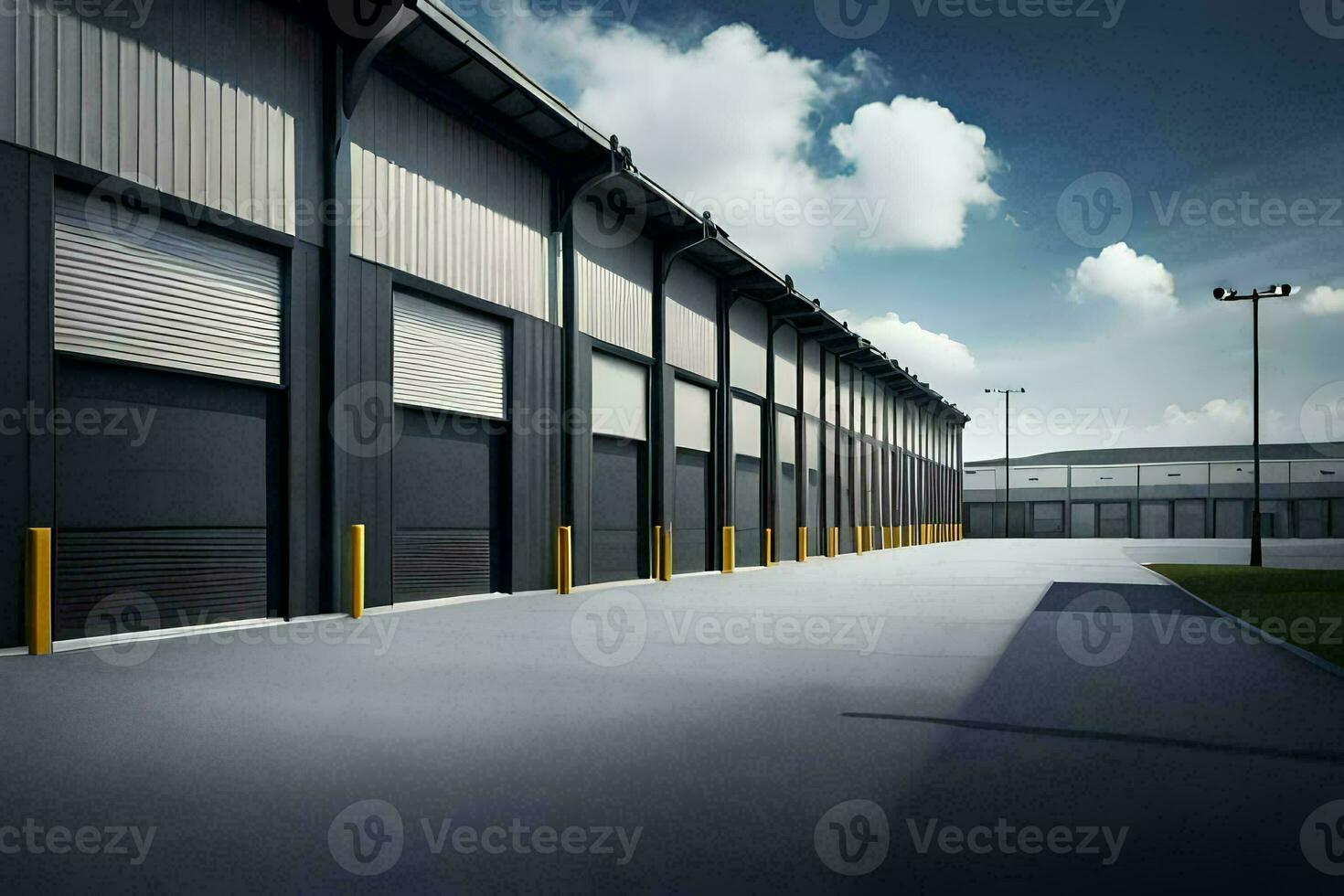 a large warehouse with a large garage door. AI-Generated photo