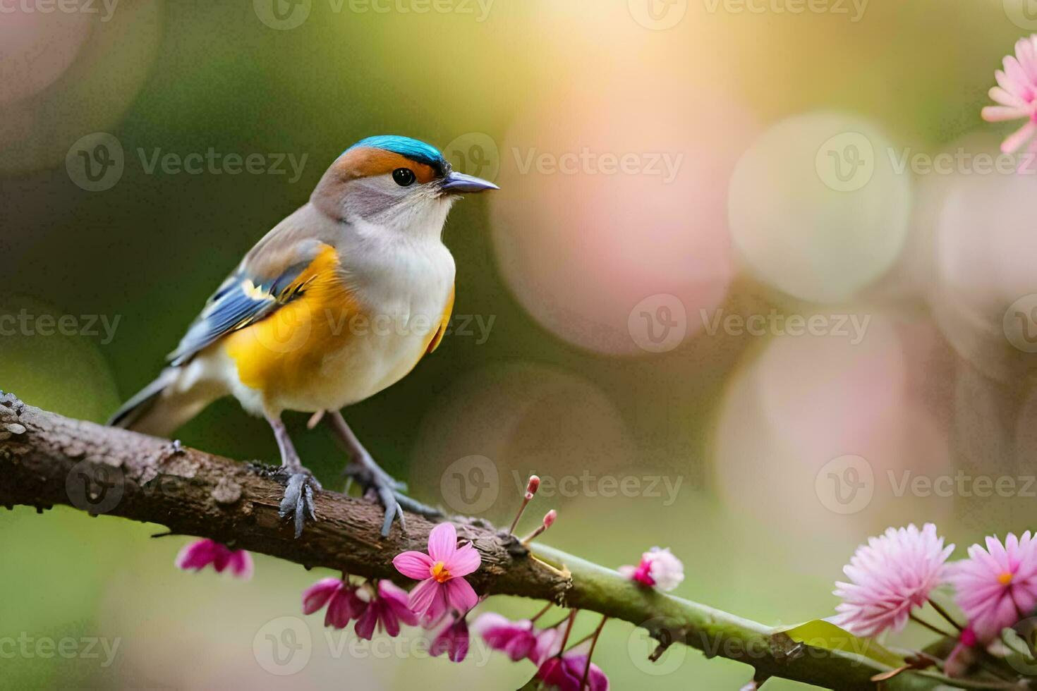 a bird sitting on a branch with pink flowers. AI-Generated photo