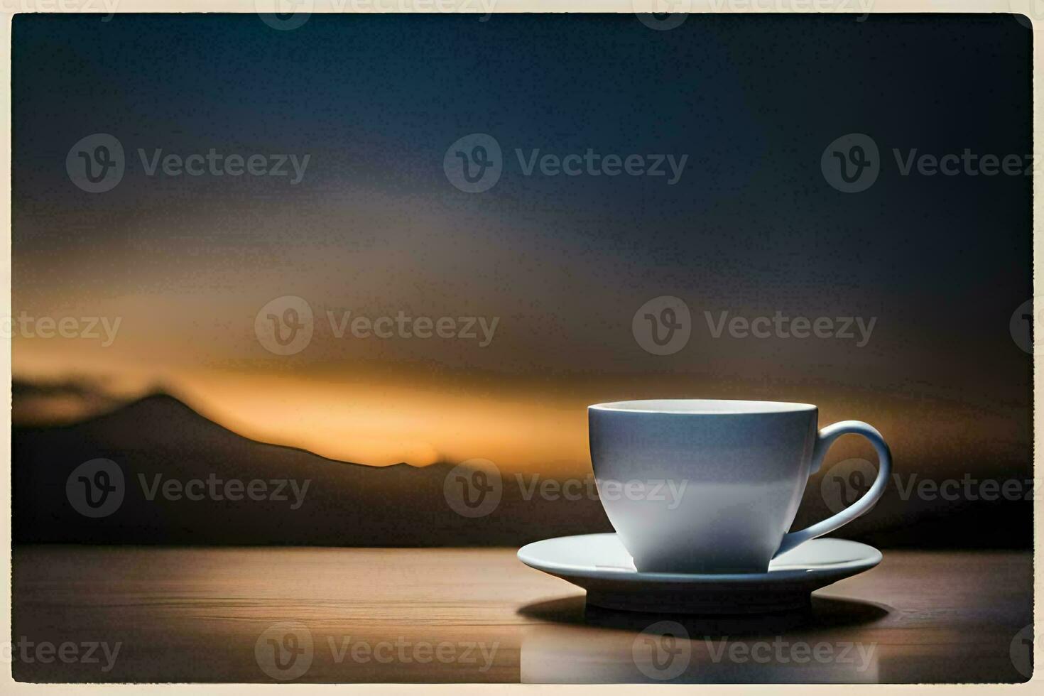 a cup of coffee on a table with mountains in the background. AI-Generated photo