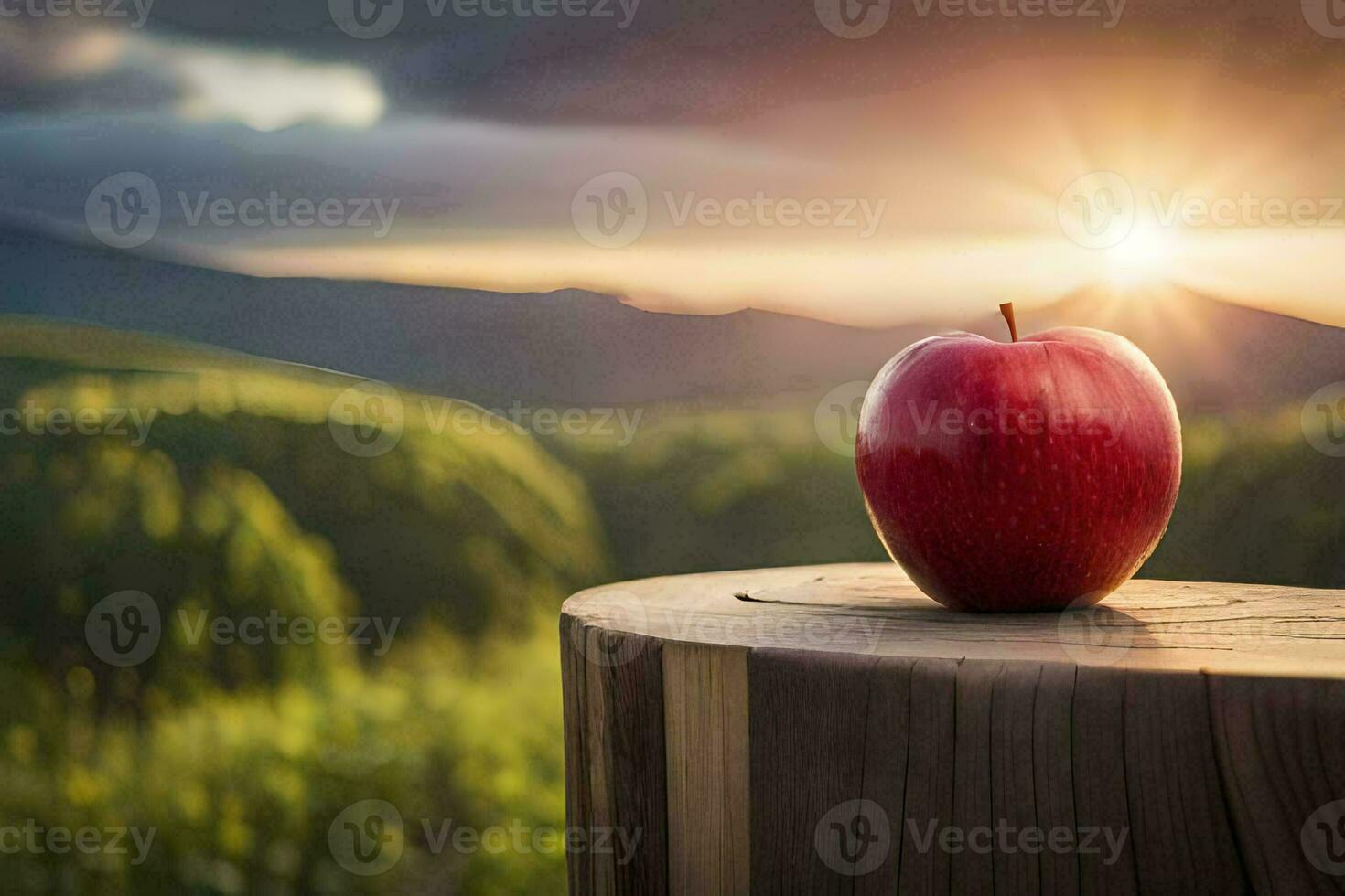 an apple sits on top of a wooden stump in front of a sunset. AI-Generated photo