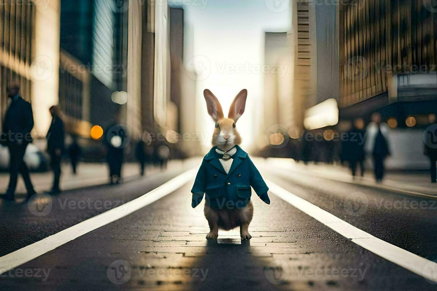 a rabbit wearing a suit and tie standing in the middle of a city street. AI-Generated photo