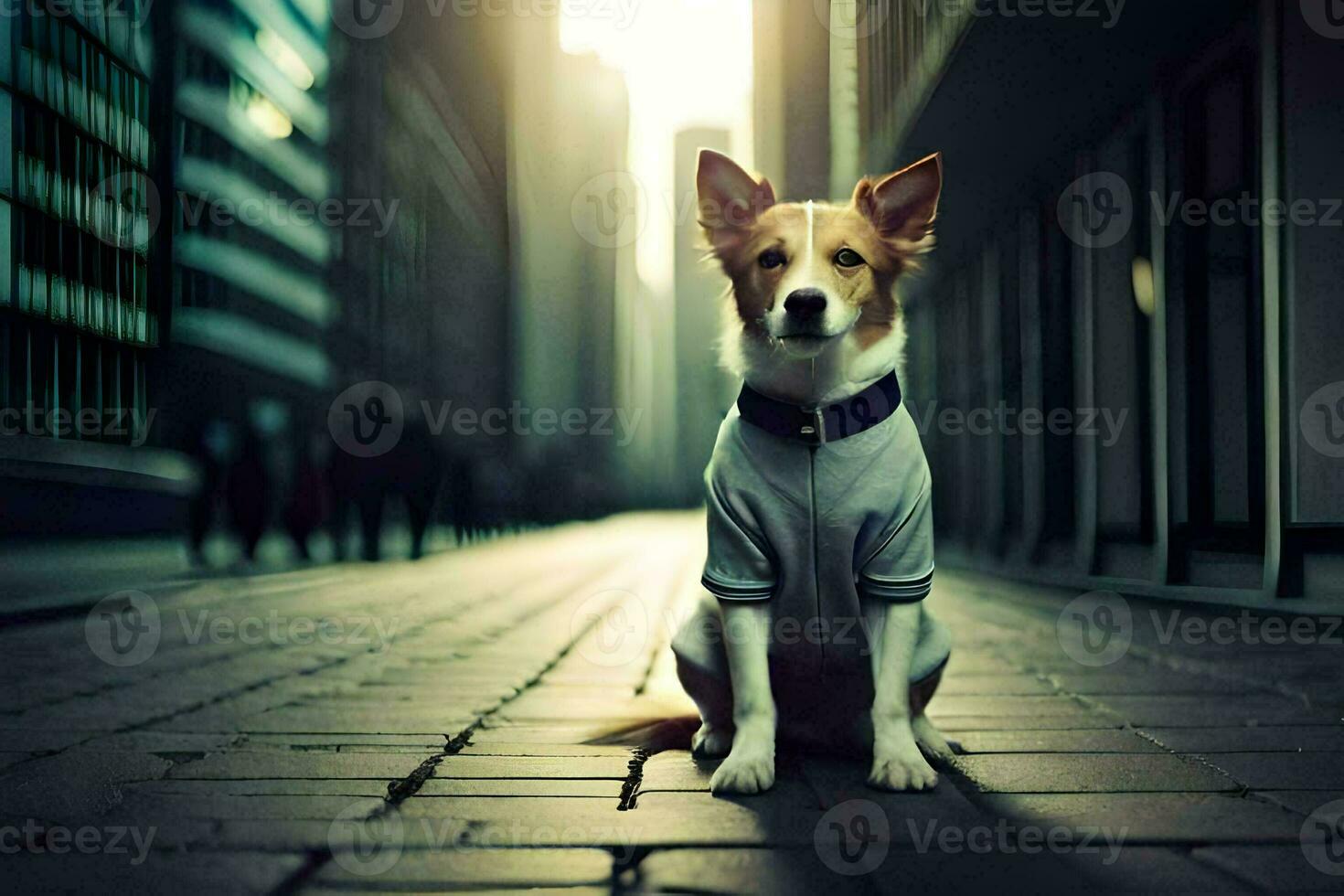 a dog wearing a shirt sitting on the street. AI-Generated photo