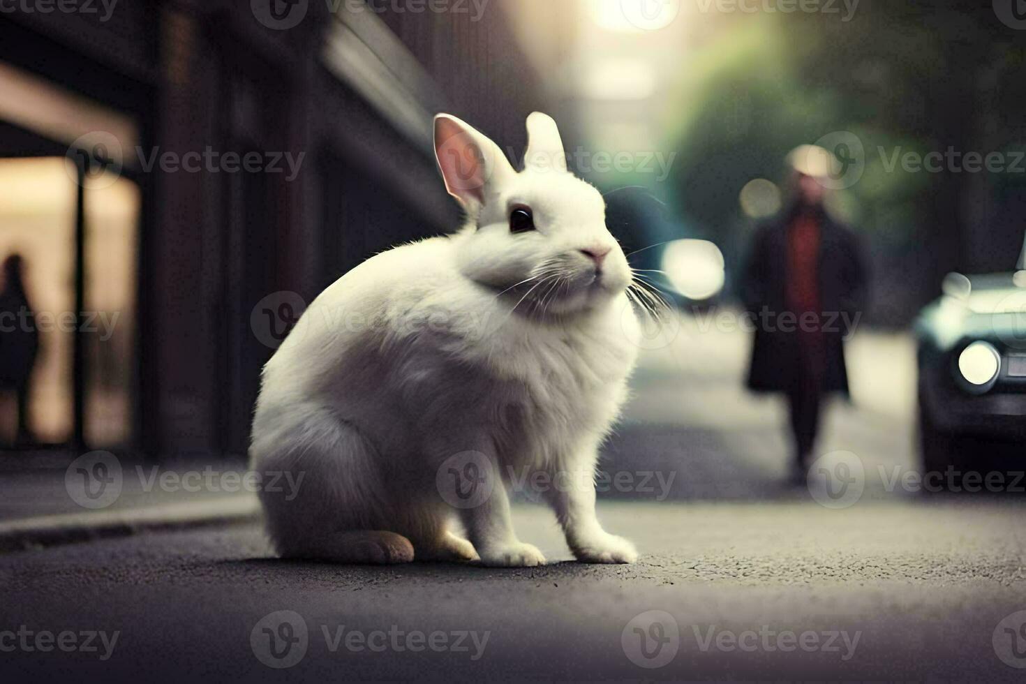 a white rabbit is sitting on the street. AI-Generated photo