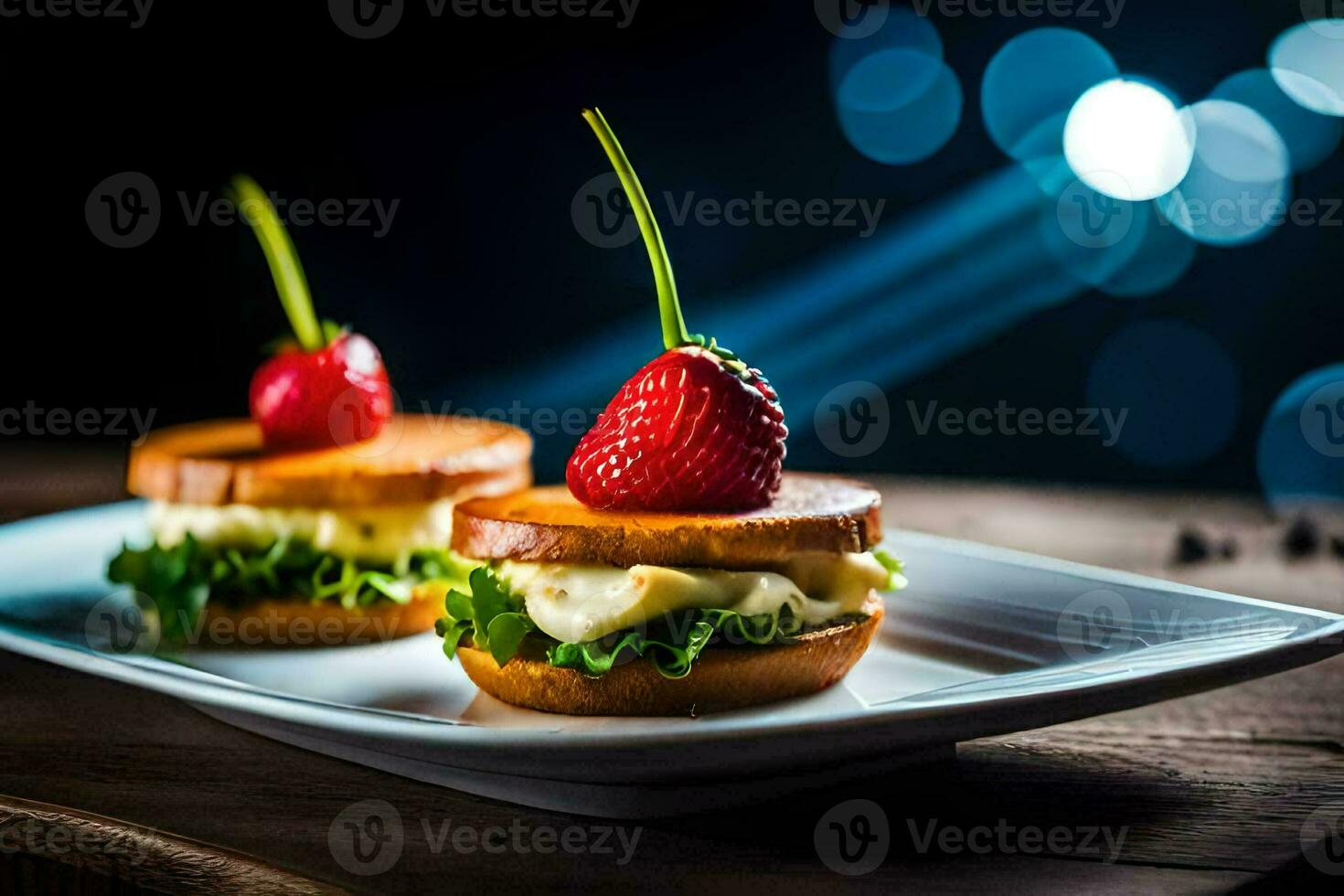 two sandwiches with strawberries on top on a white plate. AI-Generated photo