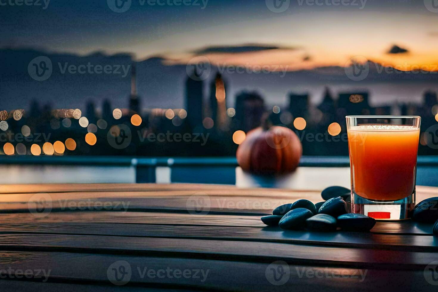 glass of orange juice on a wooden table with city lights in the background. AI-Generated photo