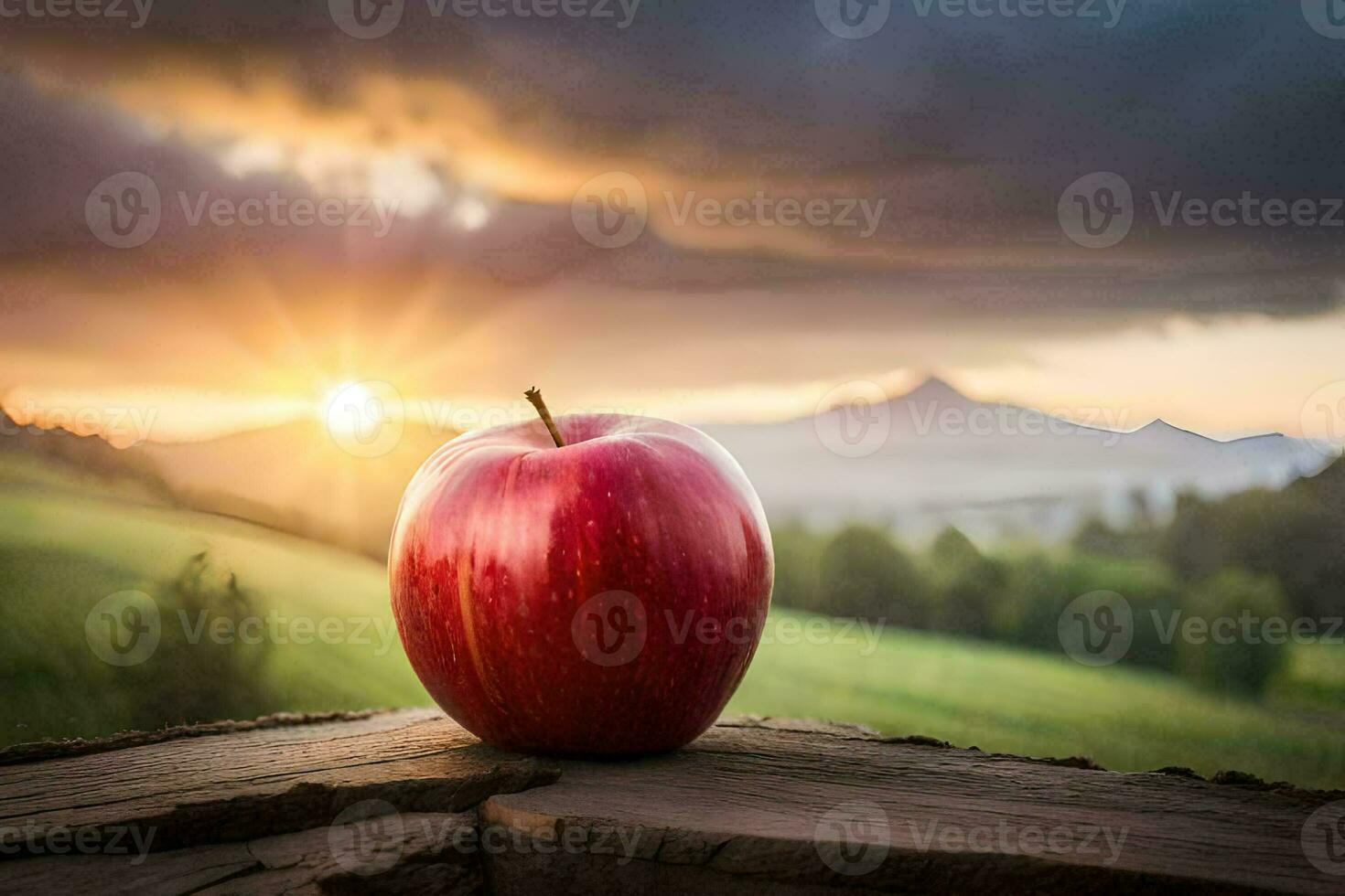 a red apple sits on a wooden table in front of a sunset. AI-Generated photo