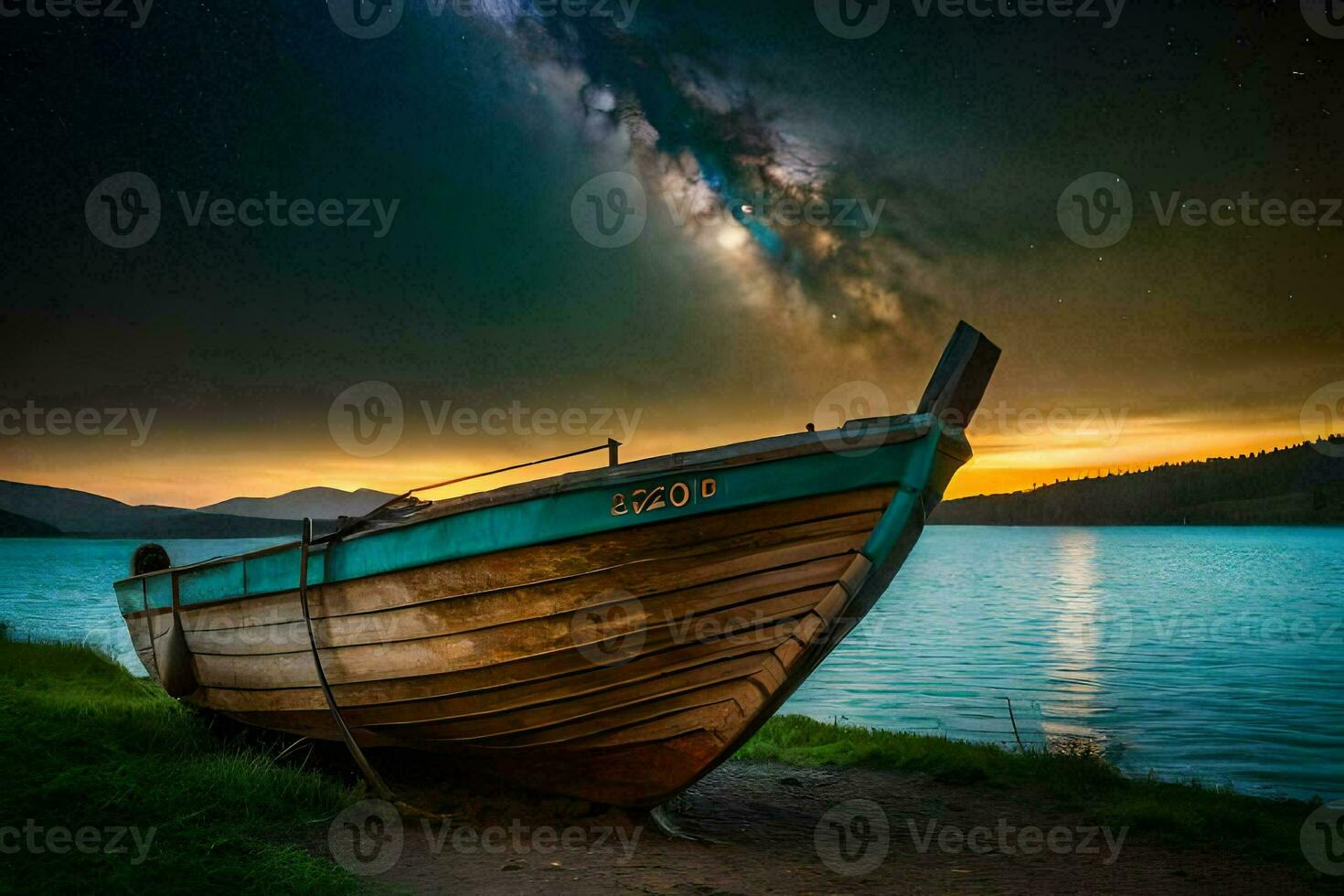 a boat sits on the shore at night with the milky in the background. AI-Generated photo