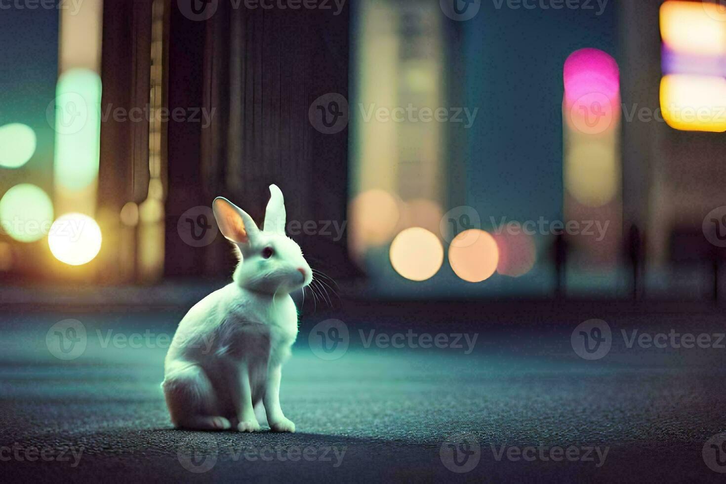 a white rabbit sitting on the street at night. AI-Generated photo