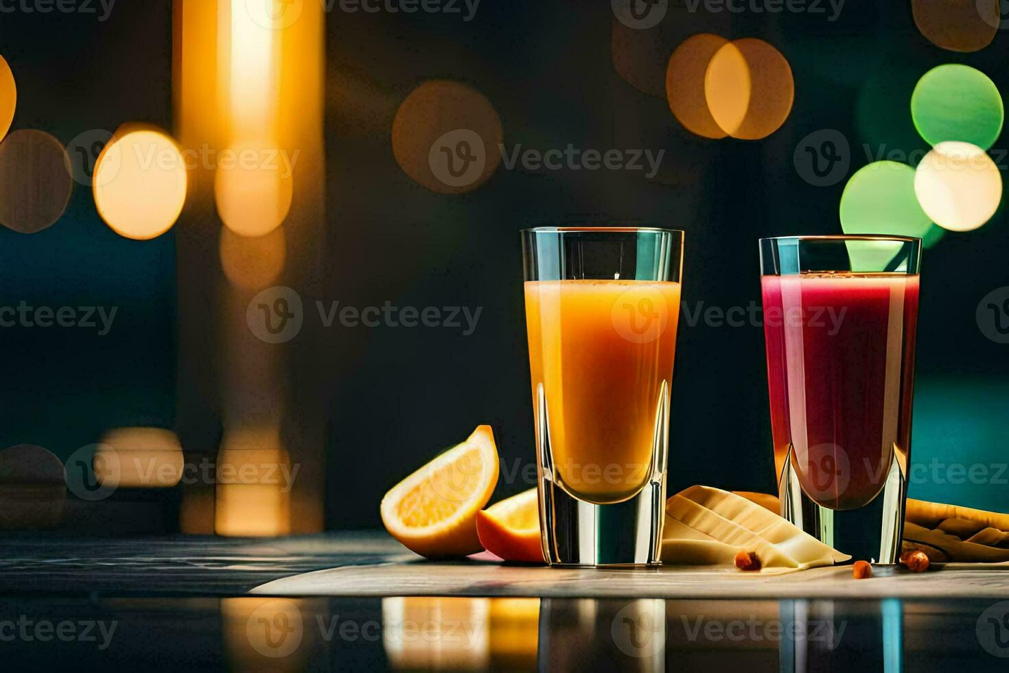 dos lentes de naranja jugo y naranja rebanadas en un mesa. generado por ai foto