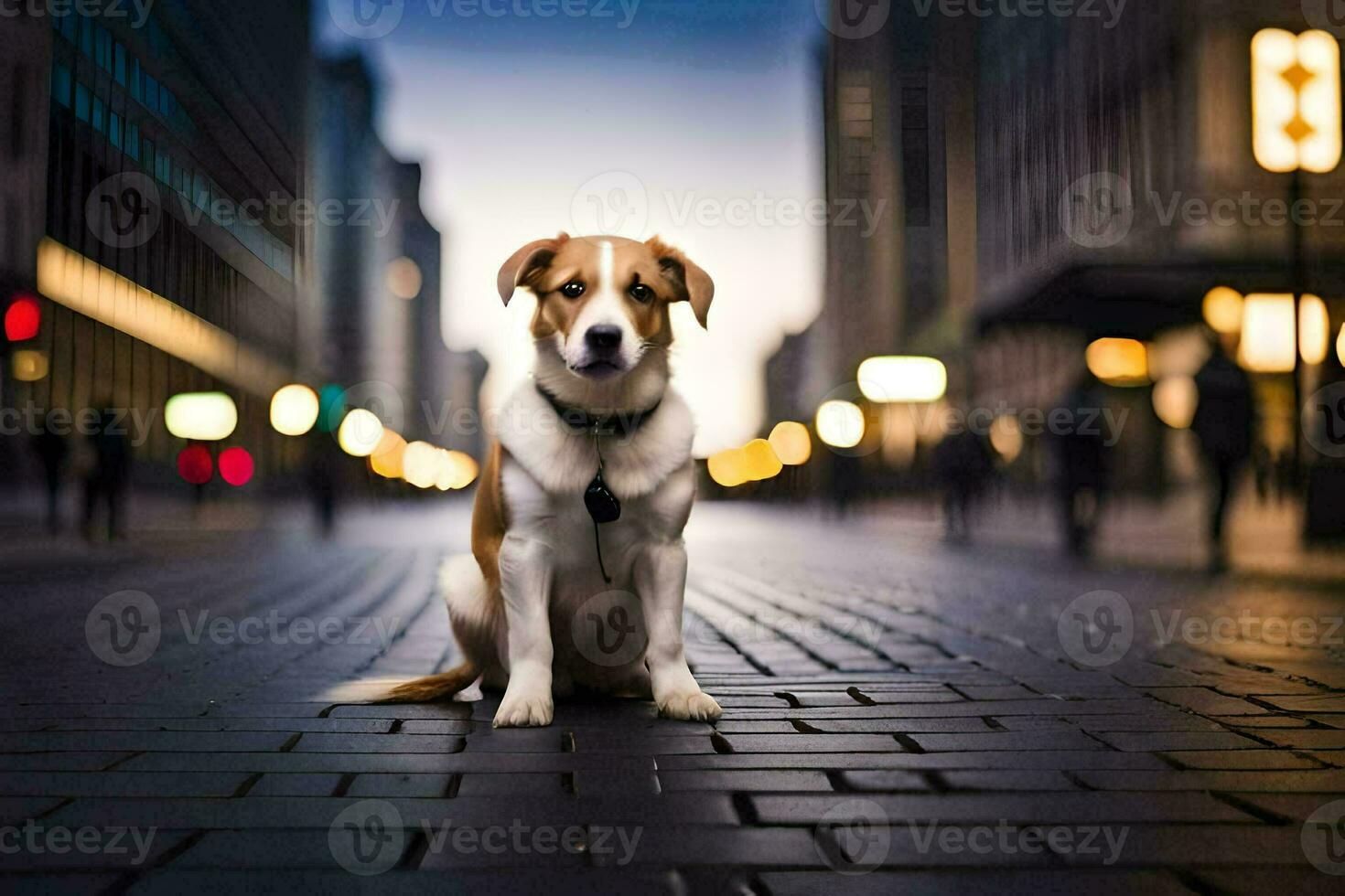 un perro sentado en el calle en un ciudad. generado por ai foto