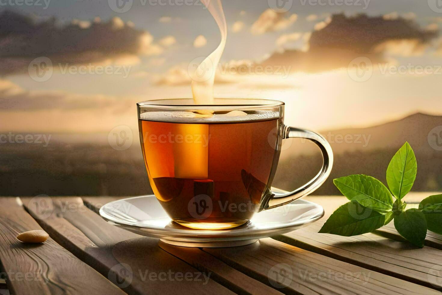 a cup of tea on a wooden table. AI-Generated photo