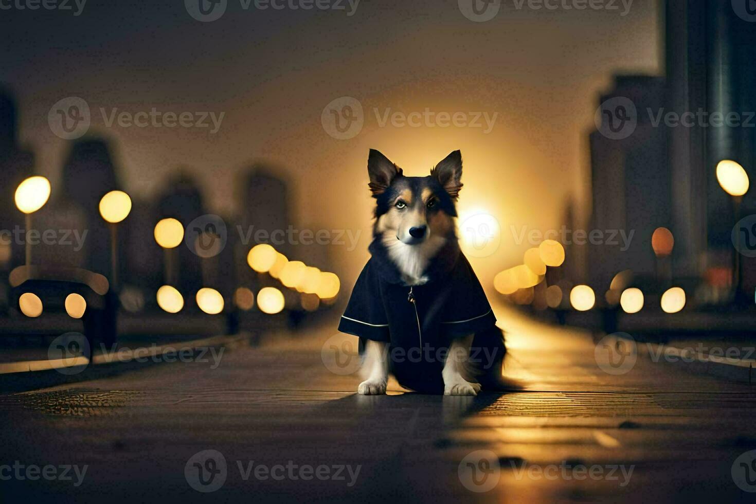 a dog in a coat sitting on a bridge at night. AI-Generated photo