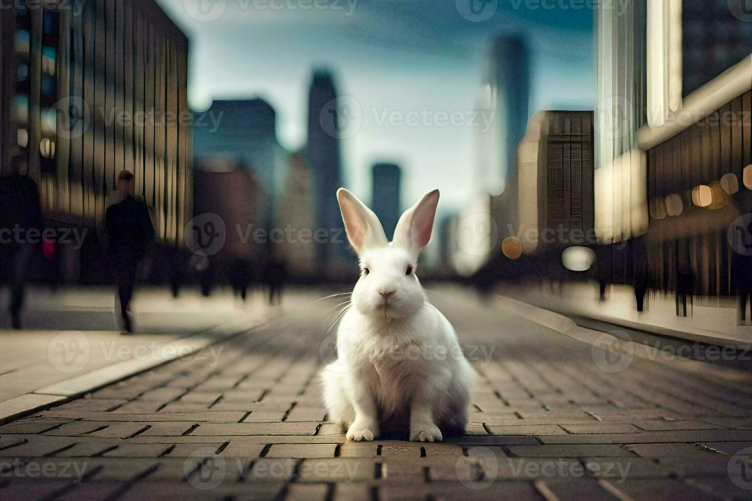 un blanco Conejo sentado en el suelo en frente de un ciudad. generado por ai foto