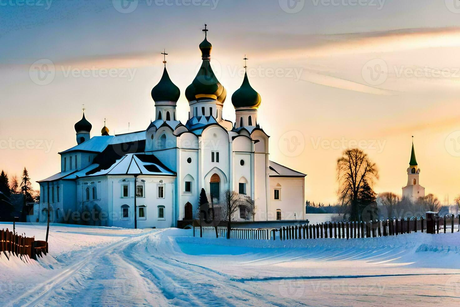 a church in the snow with two domes. AI-Generated photo