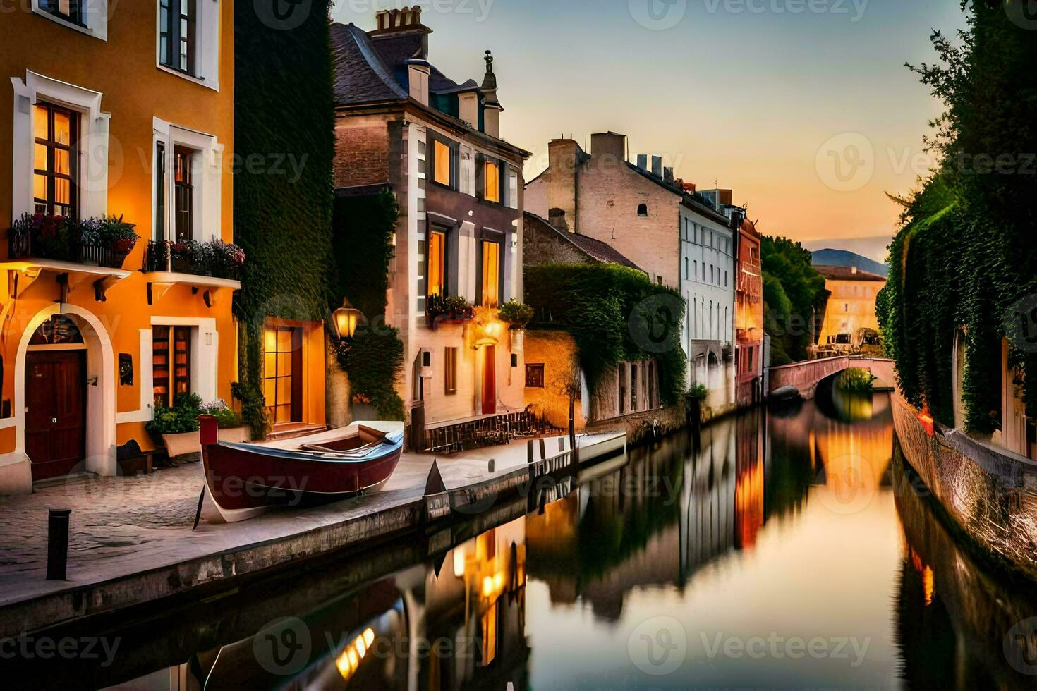 a canal in the middle of a city at sunset. AI-Generated photo