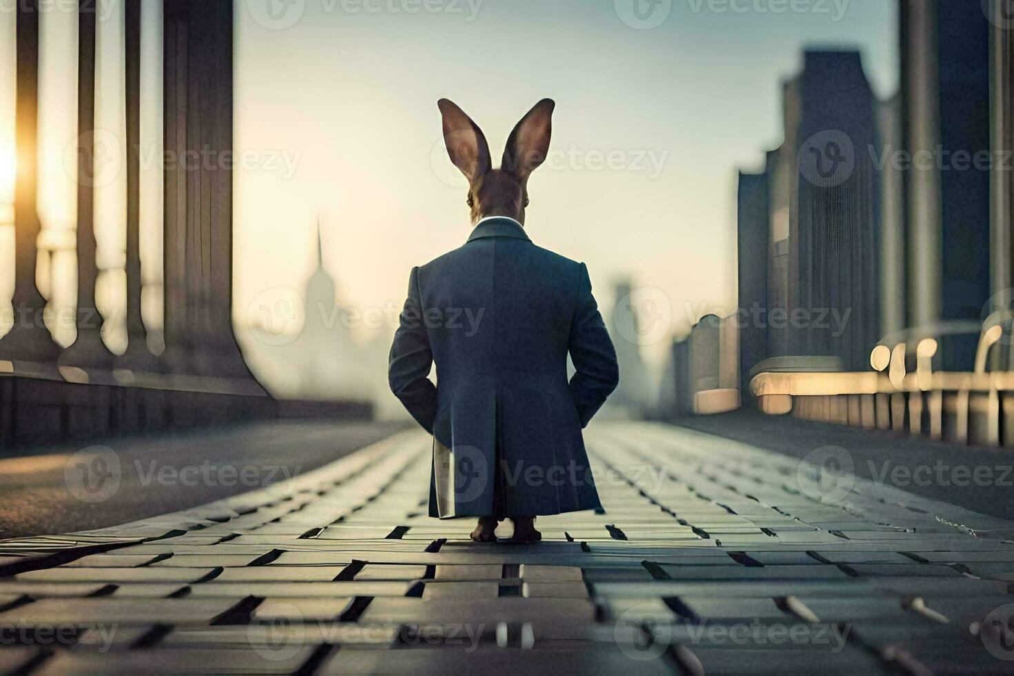 a rabbit in a suit stands on a street. AI-Generated photo
