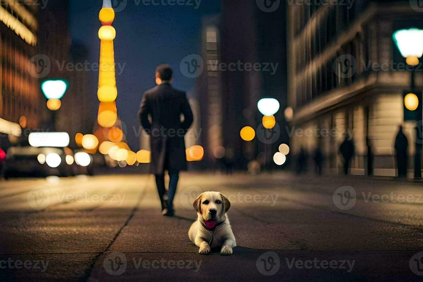 a man and his dog in the city at night. AI-Generated photo