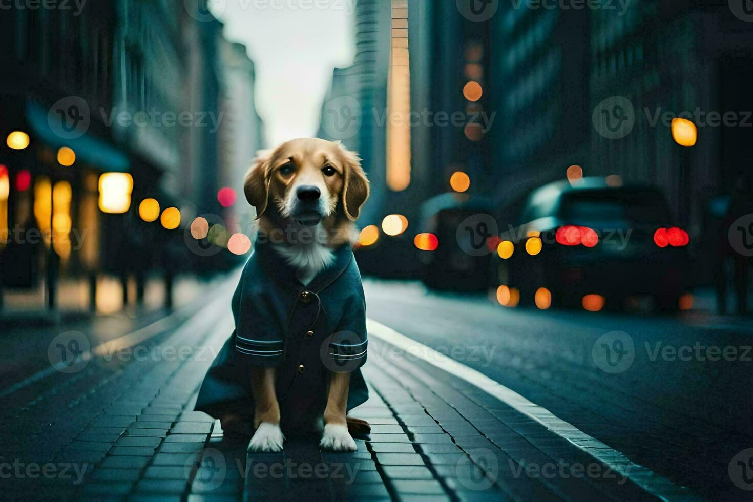 a dog wearing a jacket sits on the street. AI-Generated photo