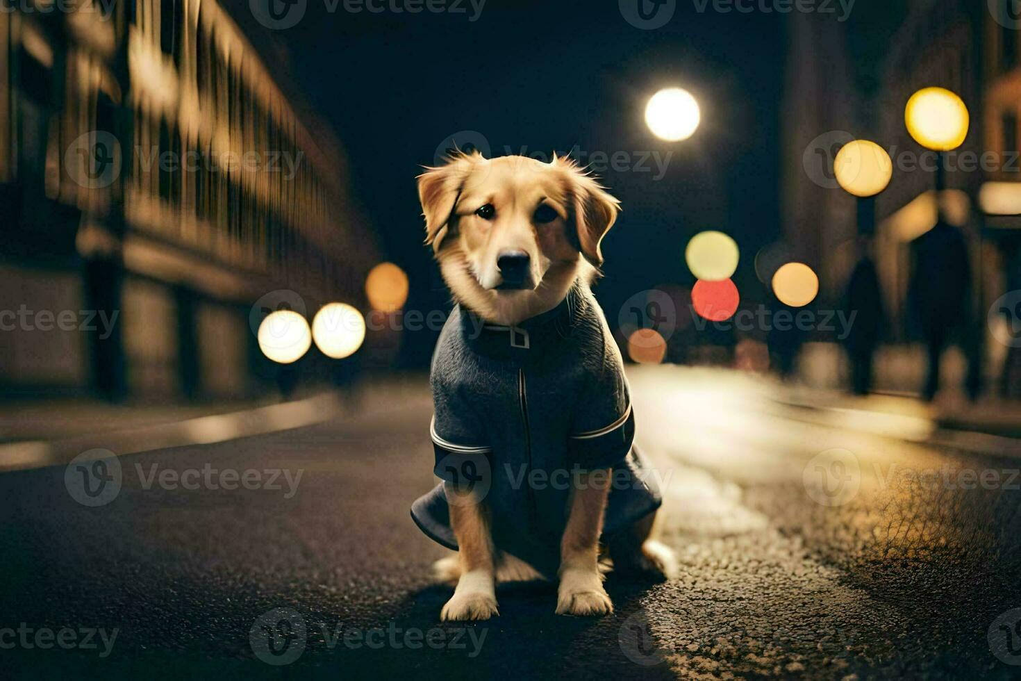 a dog in a jacket sitting on the street at night. AI-Generated photo