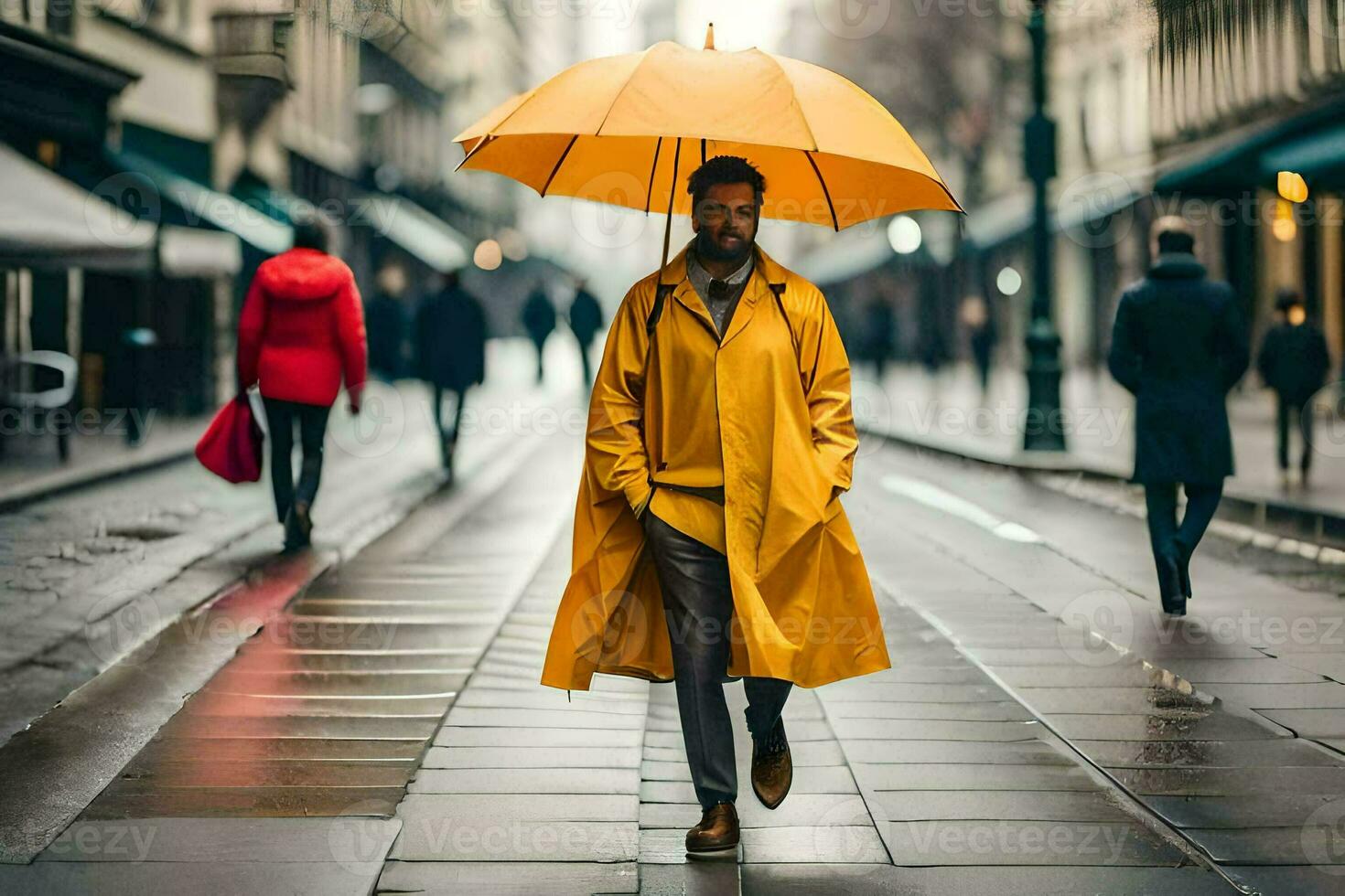 a man in a yellow raincoat walking down a street. AI-Generated photo