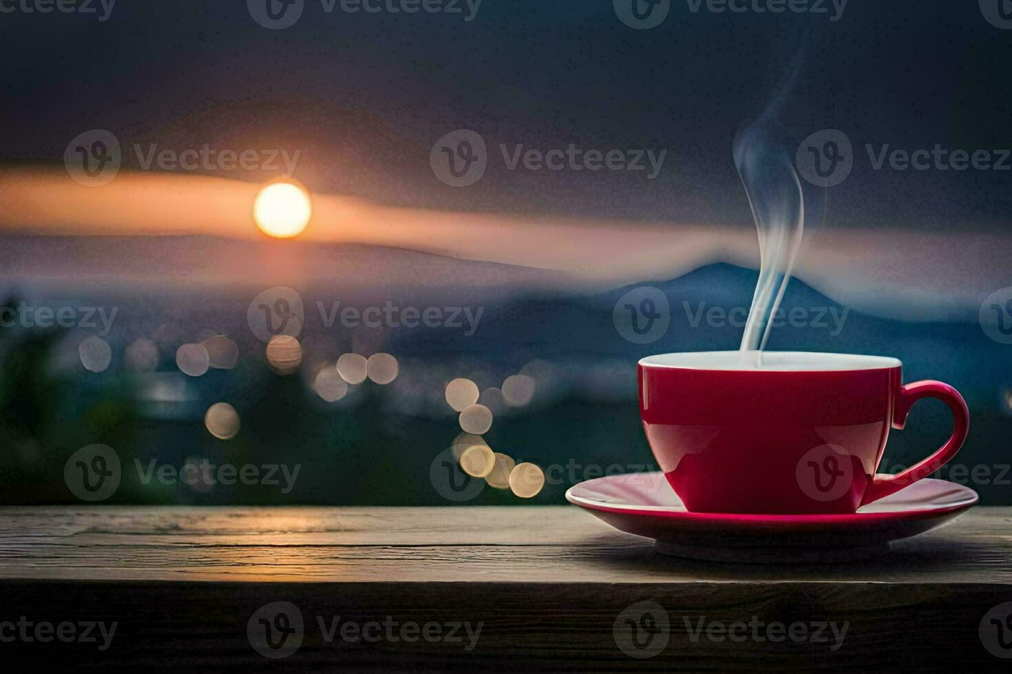 a red cup of coffee on a wooden table with a view of the city. AI-Generated photo