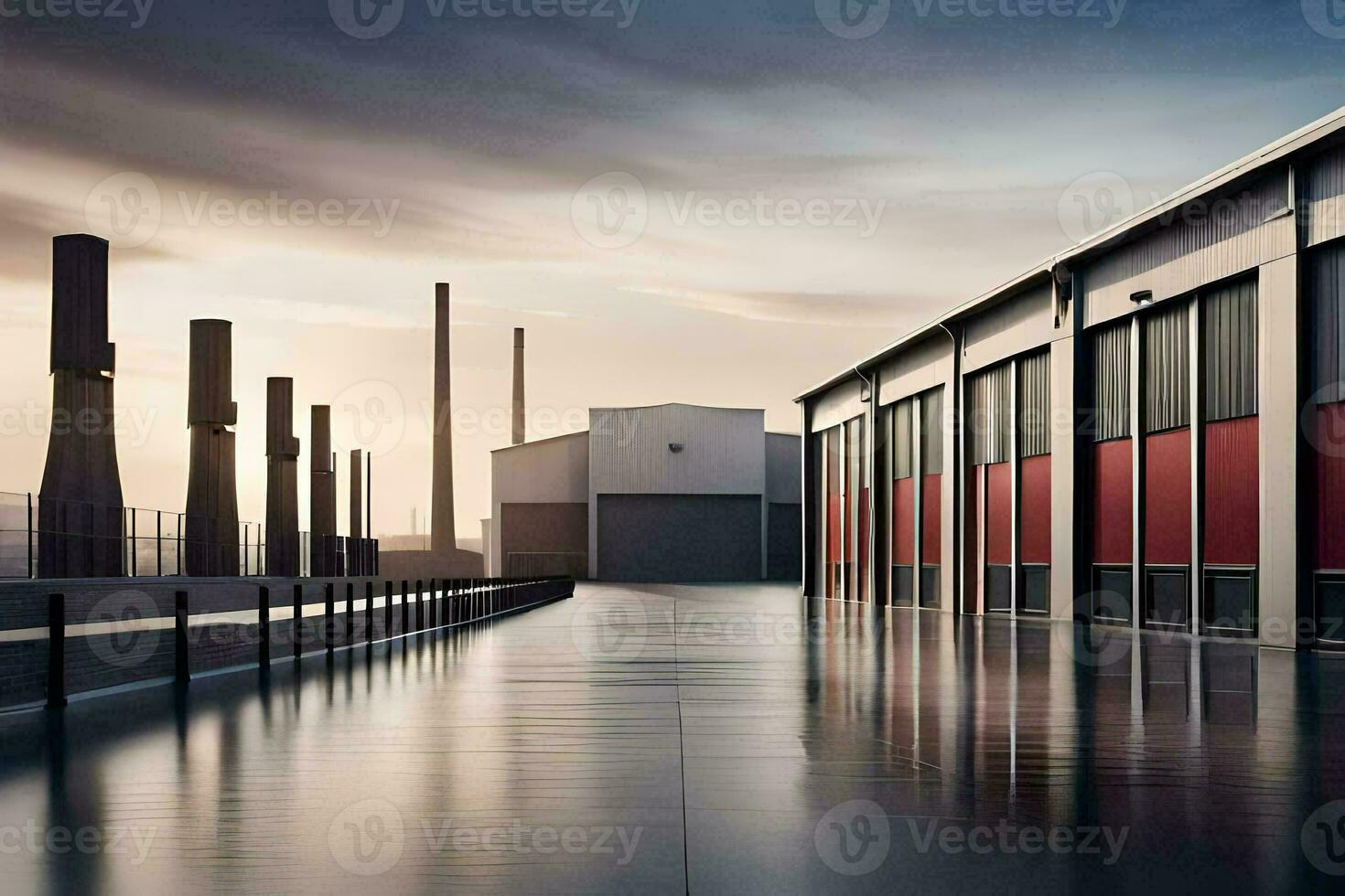 a long walkway with a factory building in the background. AI-Generated photo