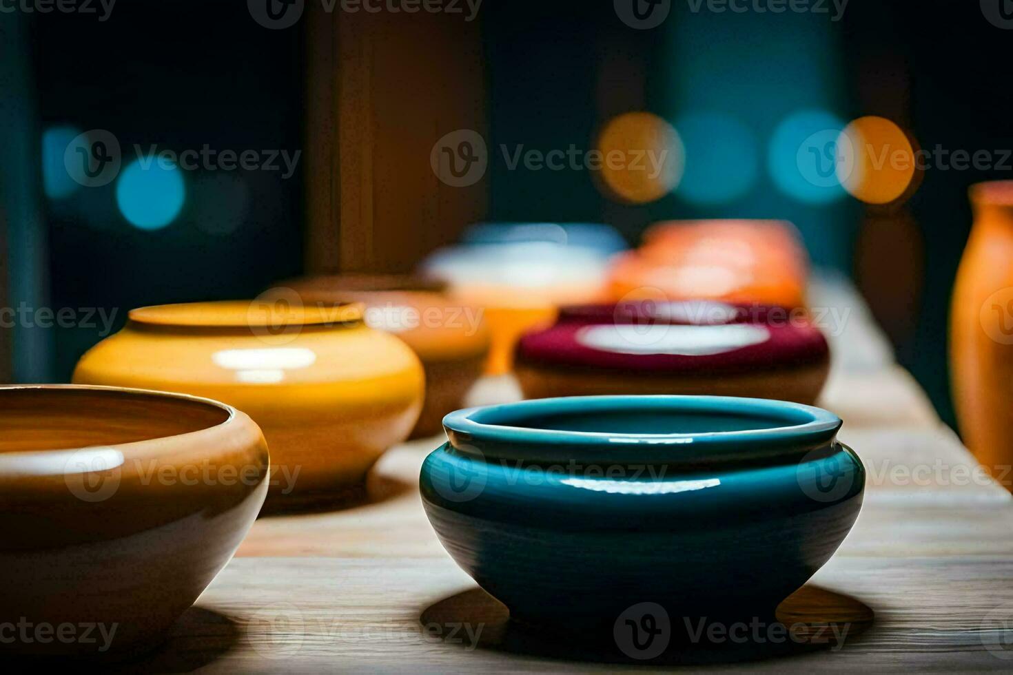 colorful ceramic bowls on a wooden table. AI-Generated photo