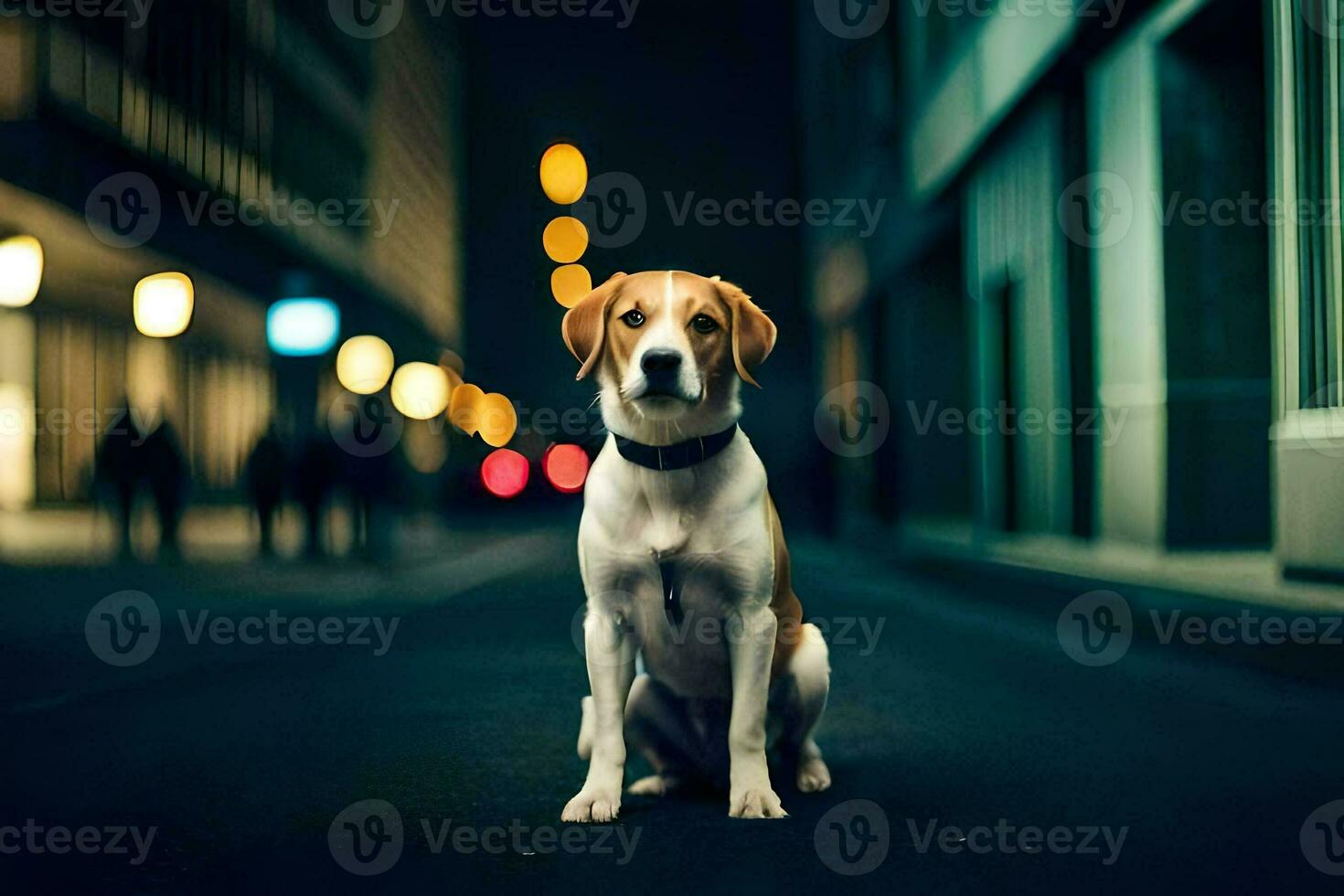 a dog sitting on the street at night. AI-Generated photo