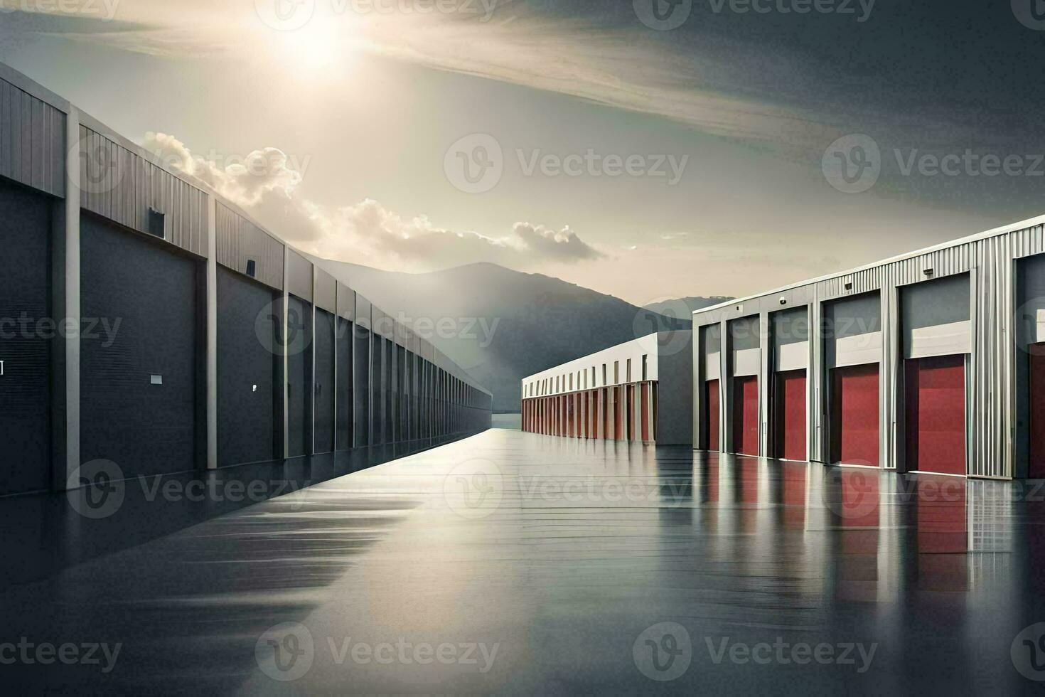 a long row of storage units with mountains in the background. AI-Generated photo