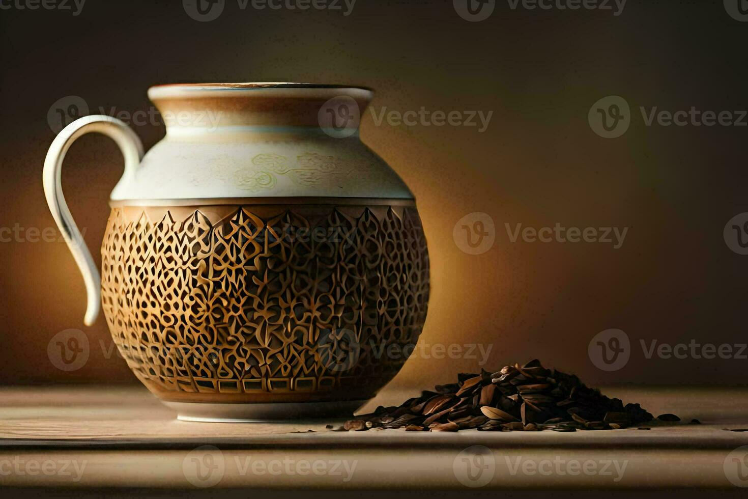 a brown jug with a pattern on it and coffee beans. AI-Generated photo