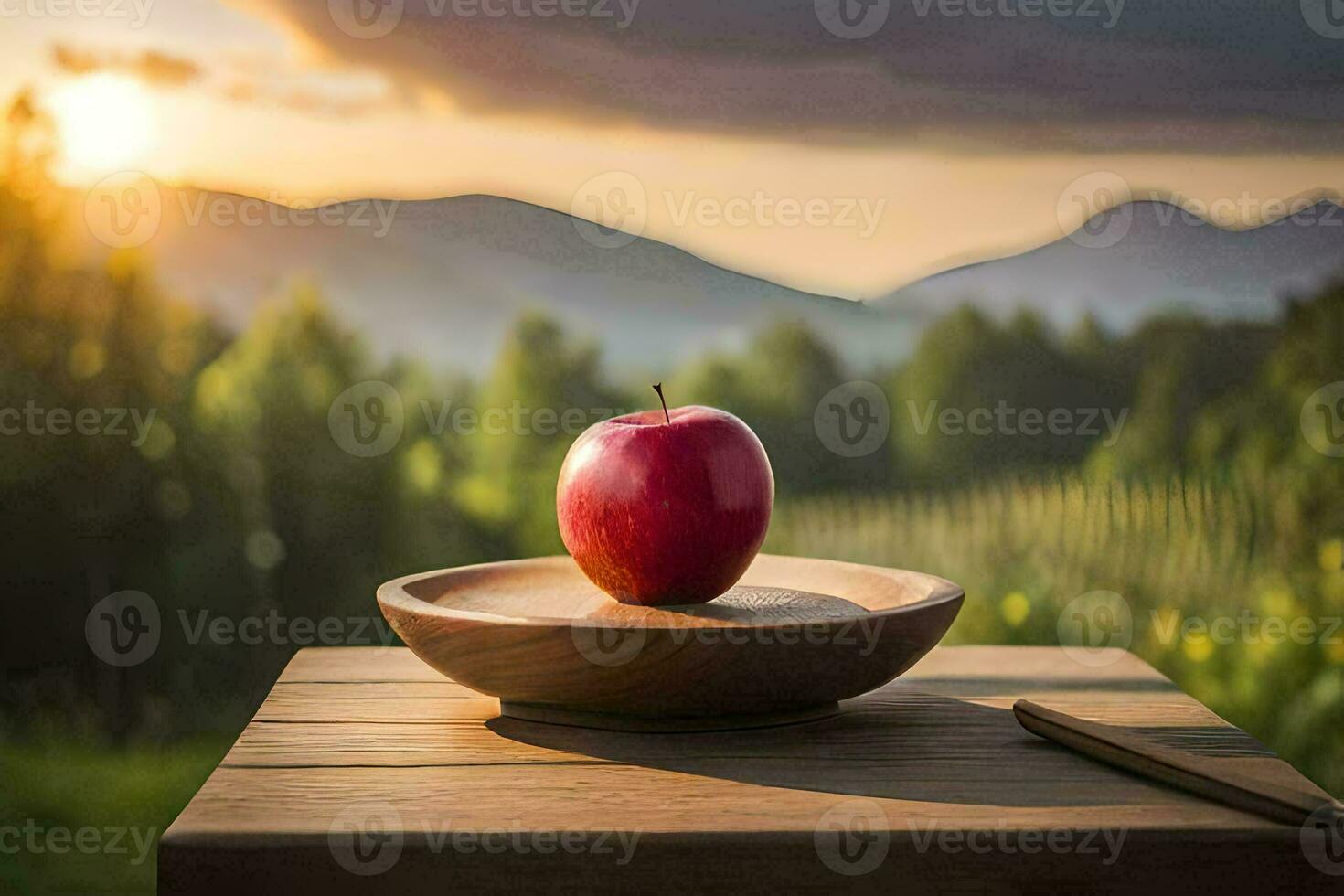 apple on a wooden table in the mountains. AI-Generated photo
