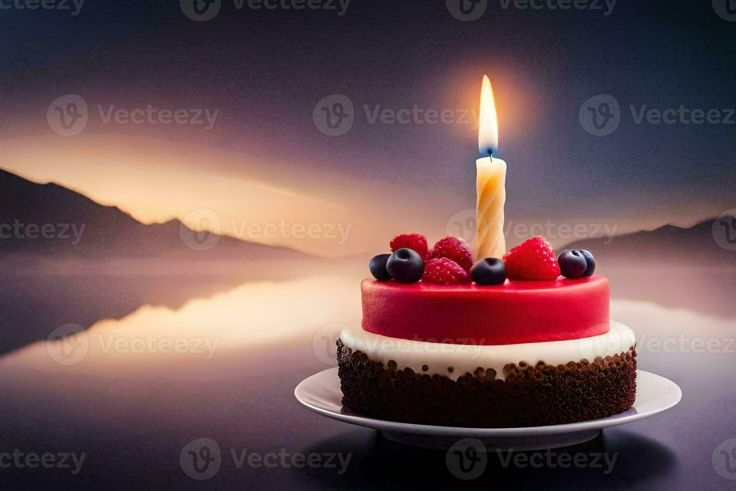 a birthday cake with a single candle. AI-Generated photo