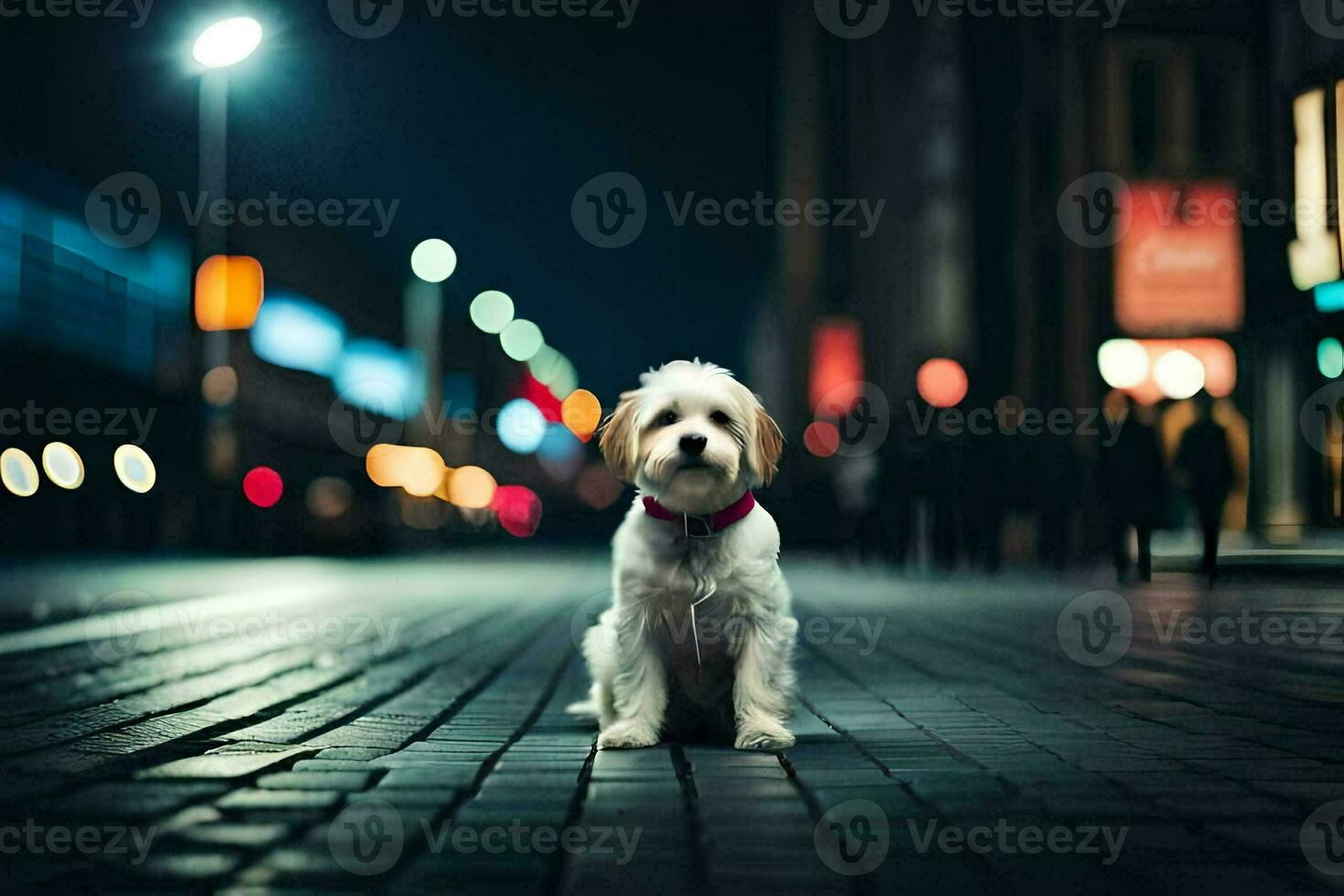 a dog sitting on the street at night. AI-Generated photo