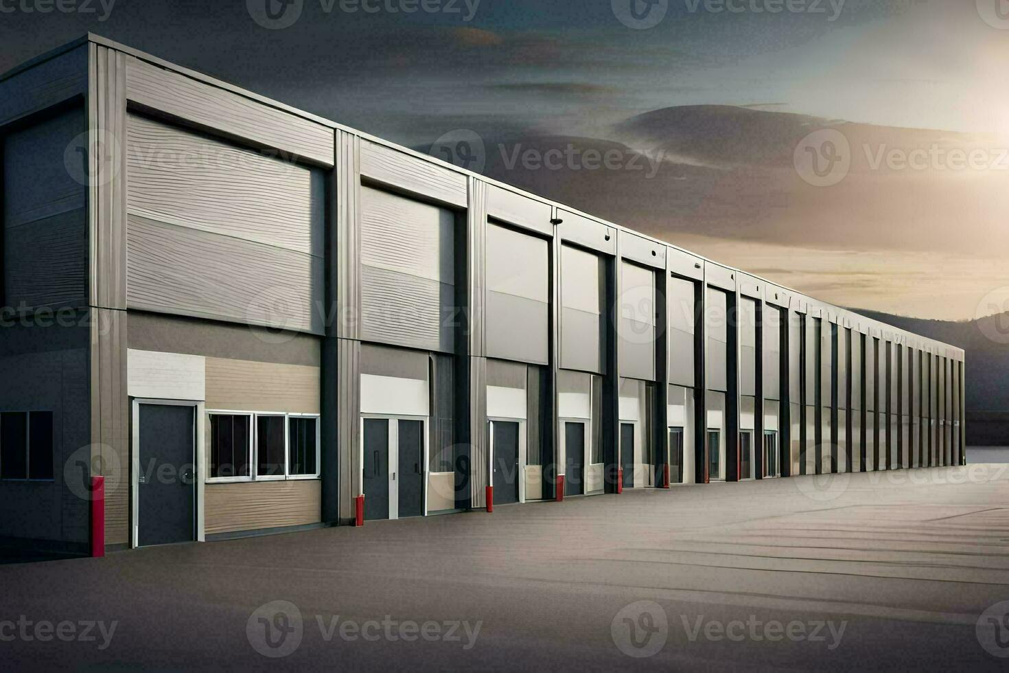 a large warehouse building with a sun setting behind it. AI-Generated photo