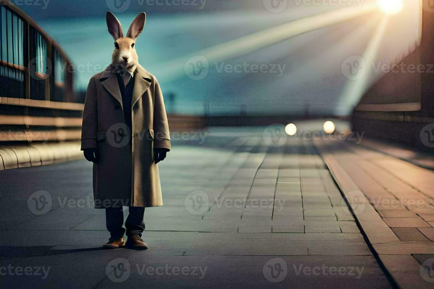a rabbit wearing a coat and tie standing on a bridge. AI-Generated photo