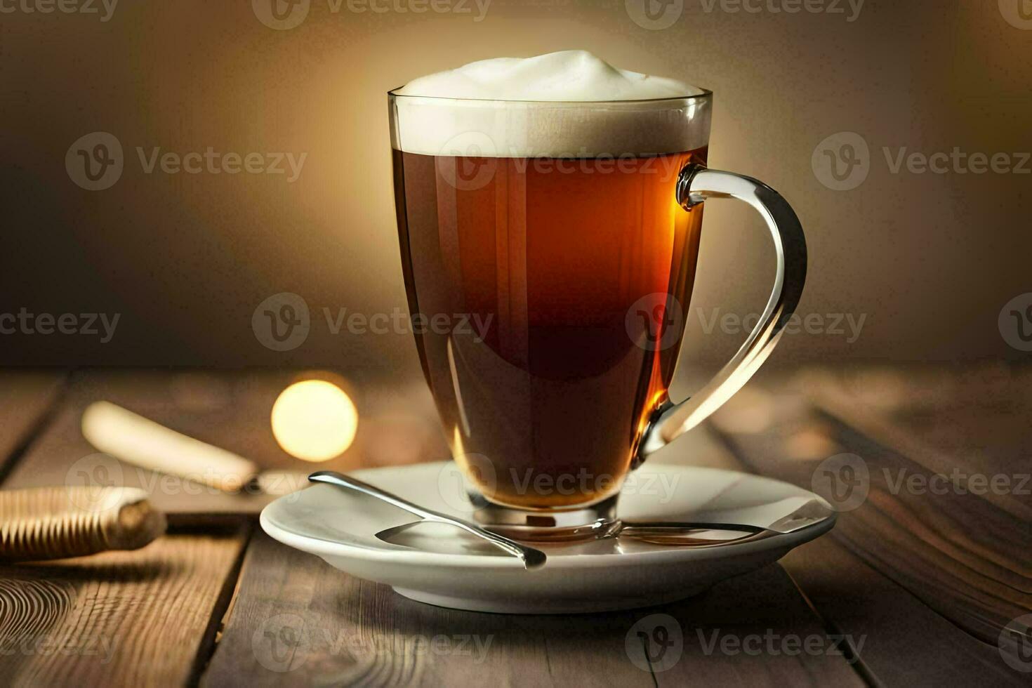 a glass of coffee with a spoon on a wooden table. AI-Generated photo
