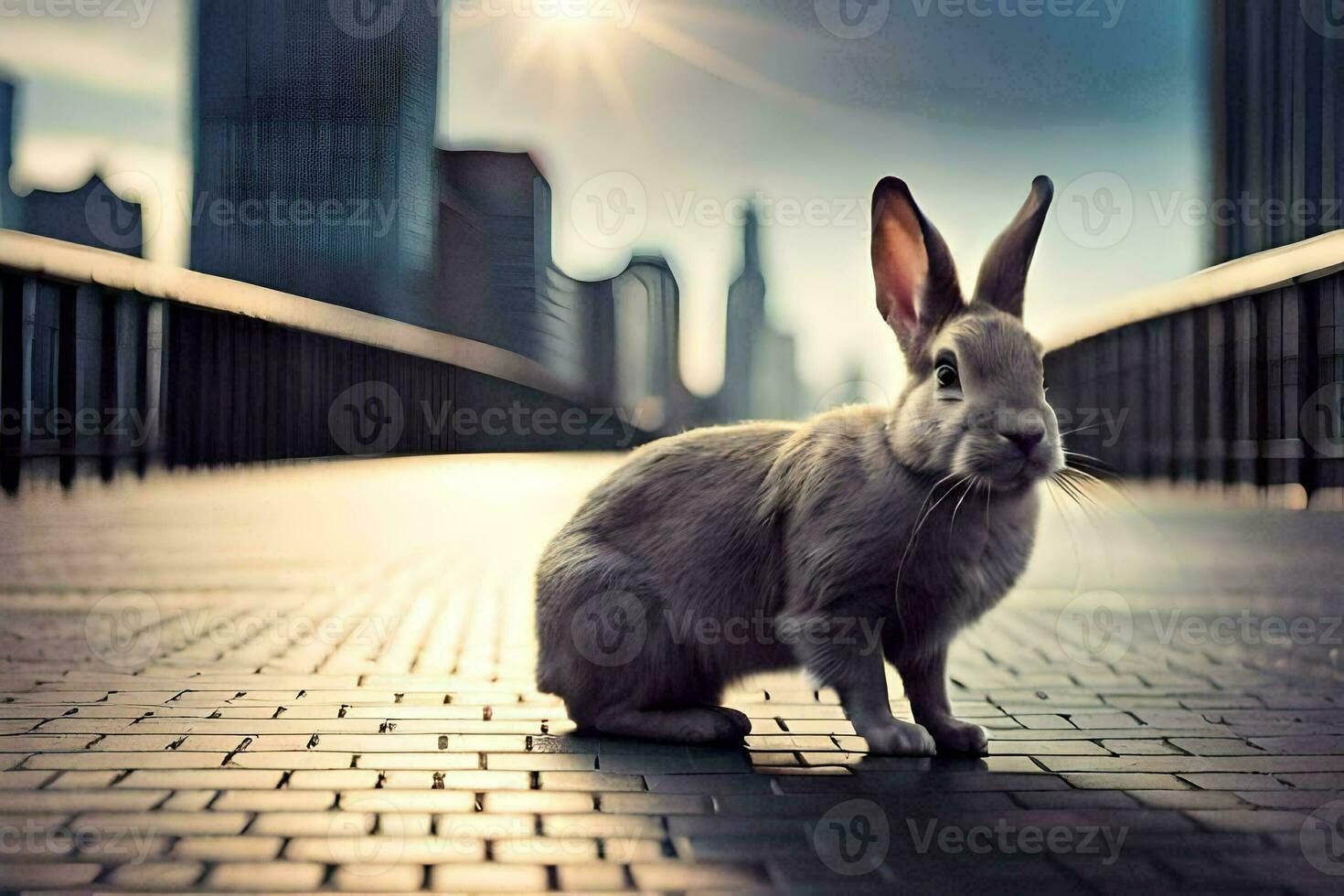 a rabbit is sitting on a bridge in front of a city. AI-Generated photo