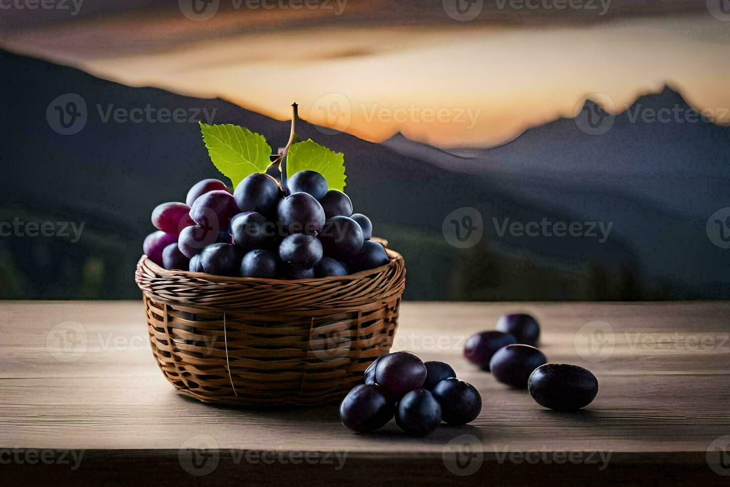 grapes in a basket on a table with mountains in the background. AI-Generated photo