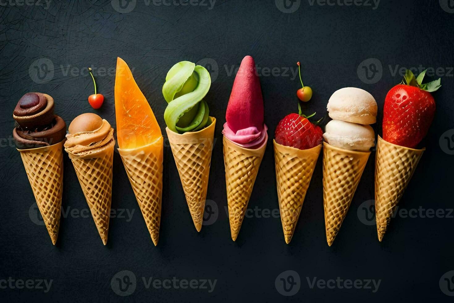 different ice cream flavors in cones on a black background. AI-Generated photo