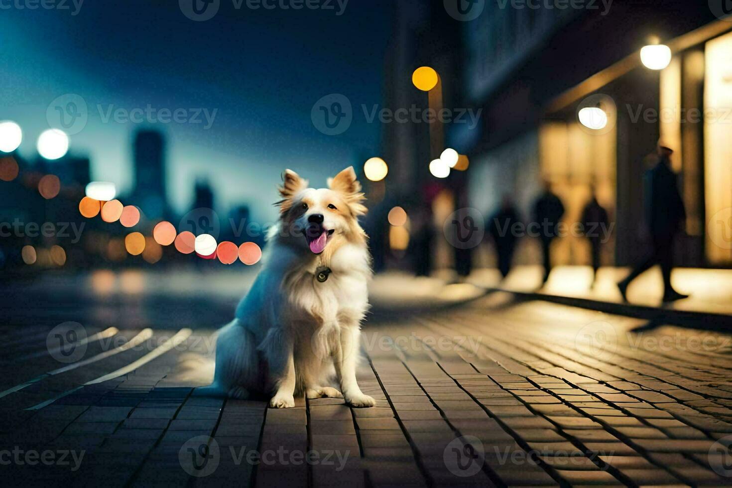 un perro sentado en el acera a noche. generado por ai foto