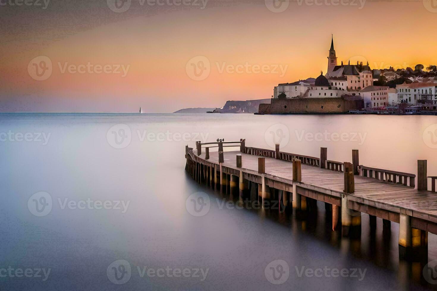 un muelle en el agua con un Iglesia en el antecedentes. generado por ai foto