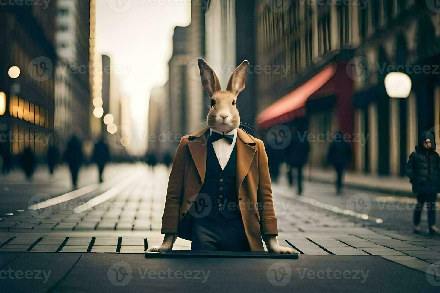 a rabbit wearing a suit and tie standing on a street. AI-Generated photo