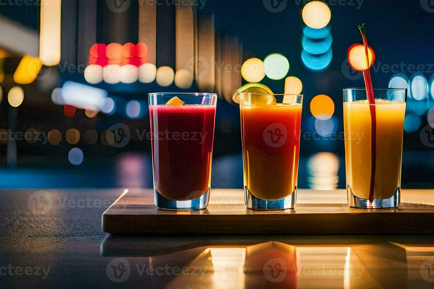 Tres bebidas son en un bandeja con un ciudad horizonte en el antecedentes. generado por ai foto