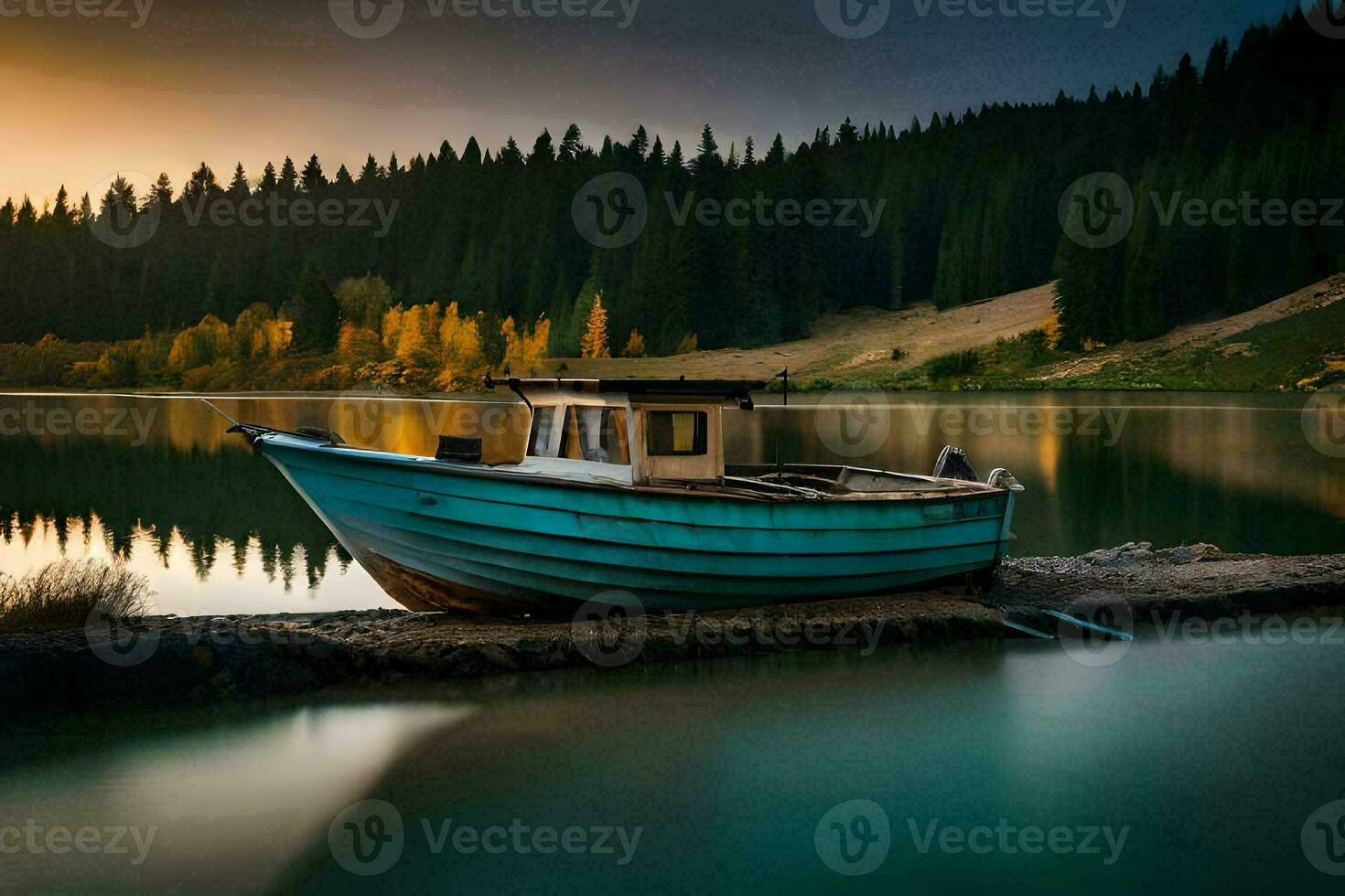 a boat sits on the shore of a lake at sunset. AI-Generated photo