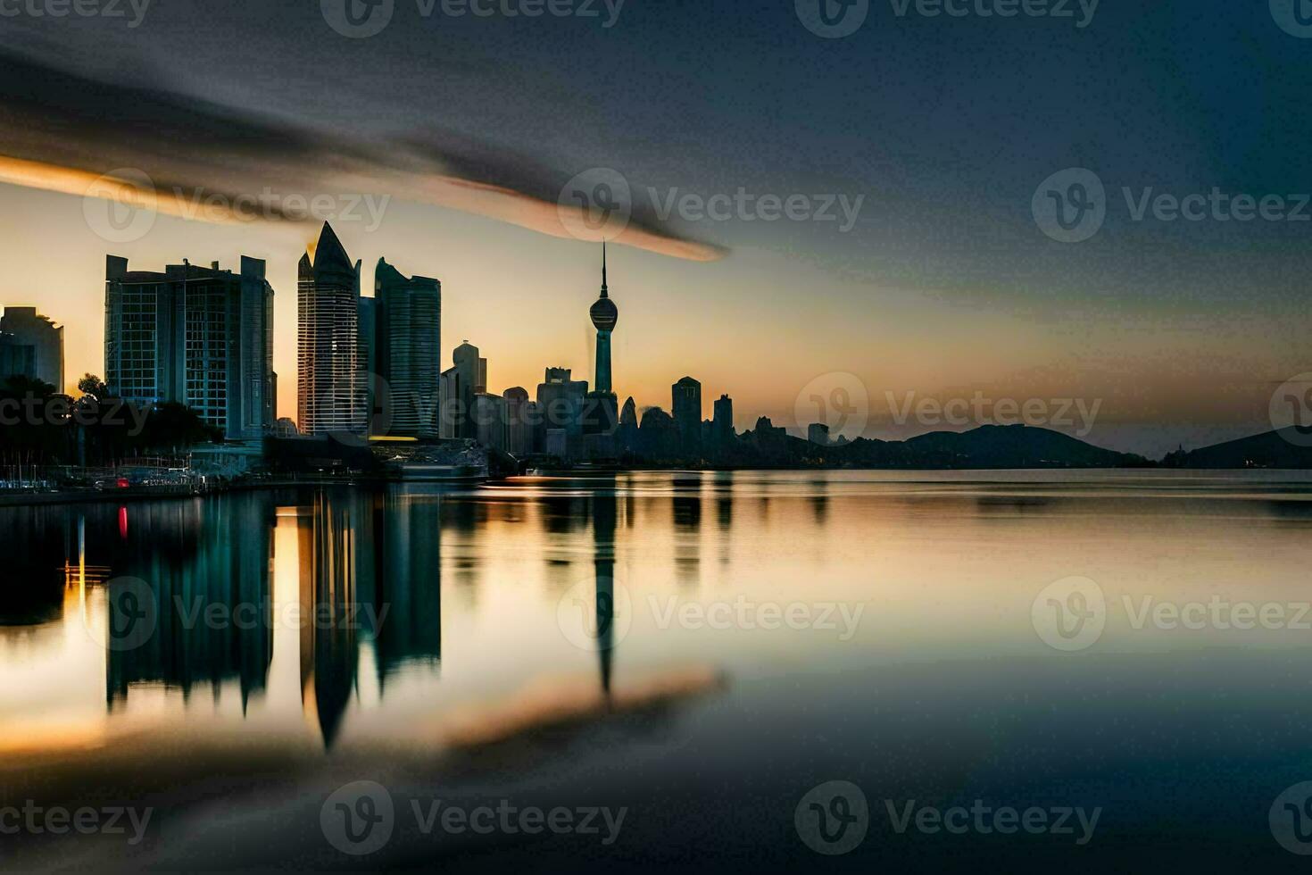 the city skyline is reflected in the water at sunset. AI-Generated photo