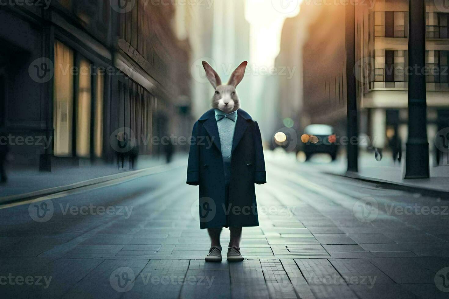 a rabbit wearing a suit and tie standing in the middle of a city street. AI-Generated photo